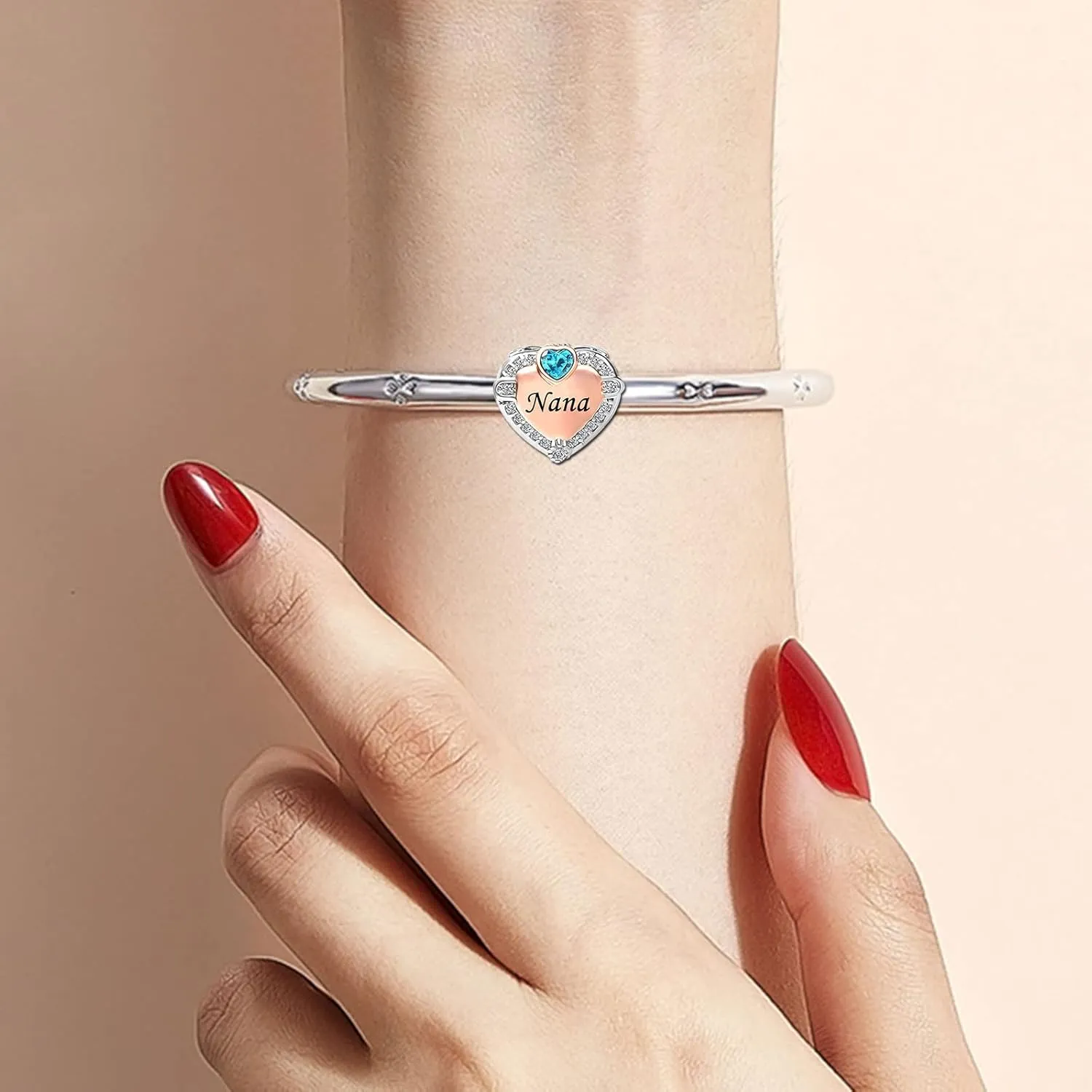 KunBead Nana Grandma Grandmother Love Rose Gold Heart Birthstone Bead Charms Compatible with Pandora Bracelet Birthday Jewelry Gifts for Women