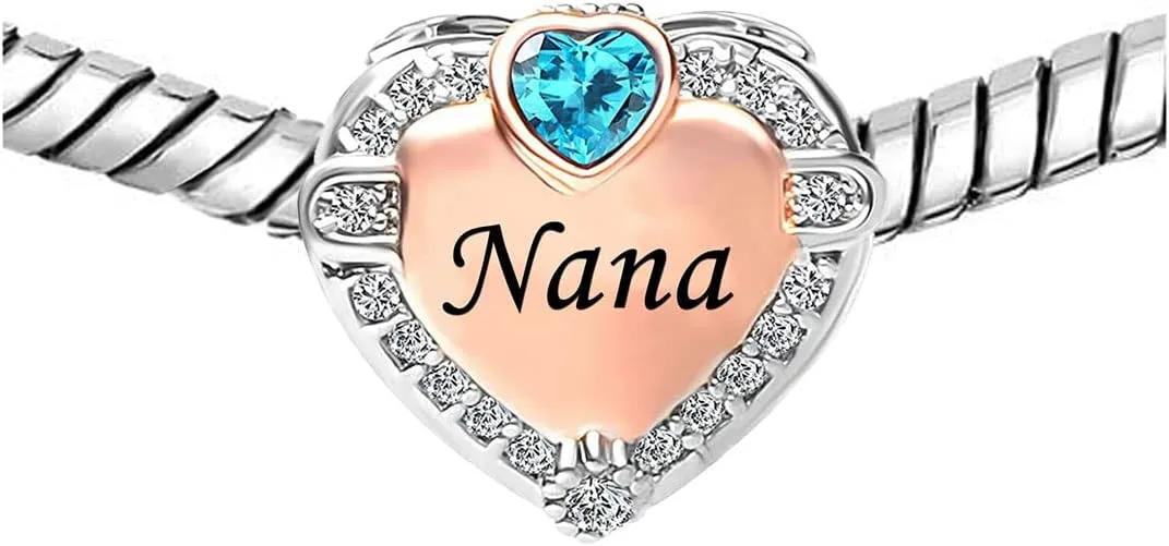 KunBead Nana Grandma Grandmother Love Rose Gold Heart Birthstone Bead Charms Compatible with Pandora Bracelet Birthday Jewelry Gifts for Women