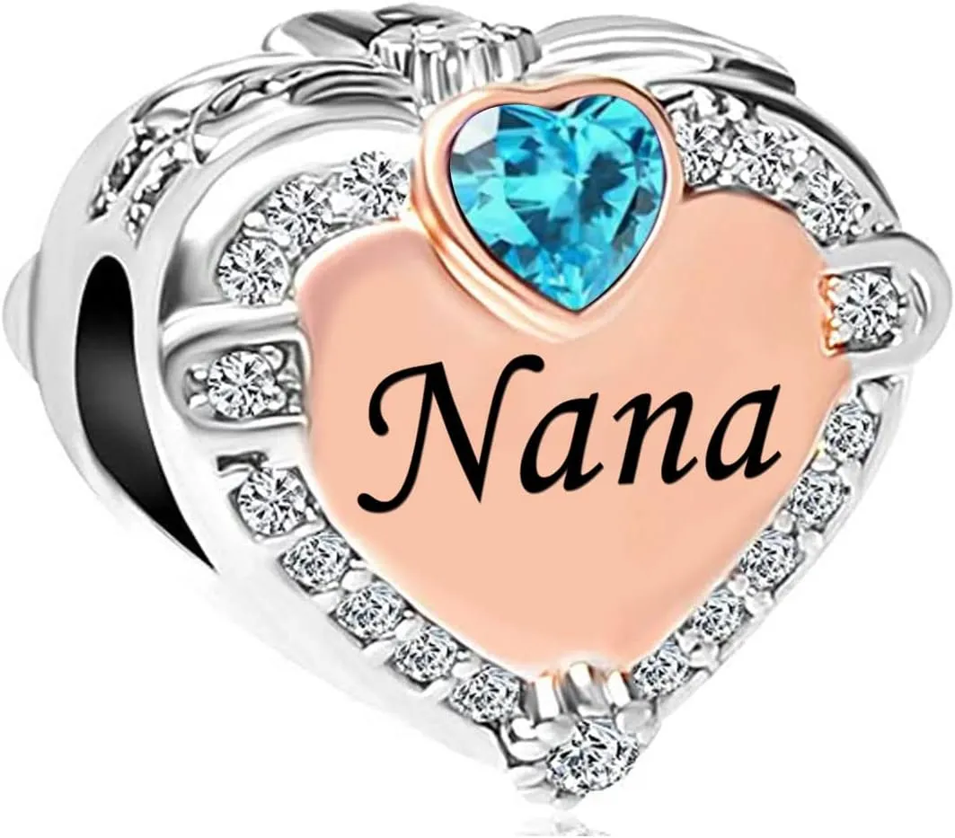 KunBead Nana Grandma Grandmother Love Rose Gold Heart Birthstone Bead Charms Compatible with Pandora Bracelet Birthday Jewelry Gifts for Women