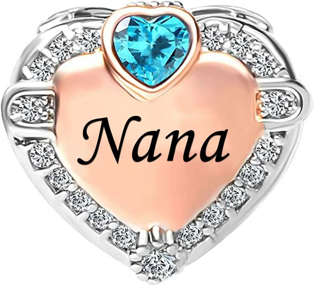 KunBead Nana Grandma Grandmother Love Rose Gold Heart Birthstone Bead Charms Compatible with Pandora Bracelet Birthday Jewelry Gifts for Women