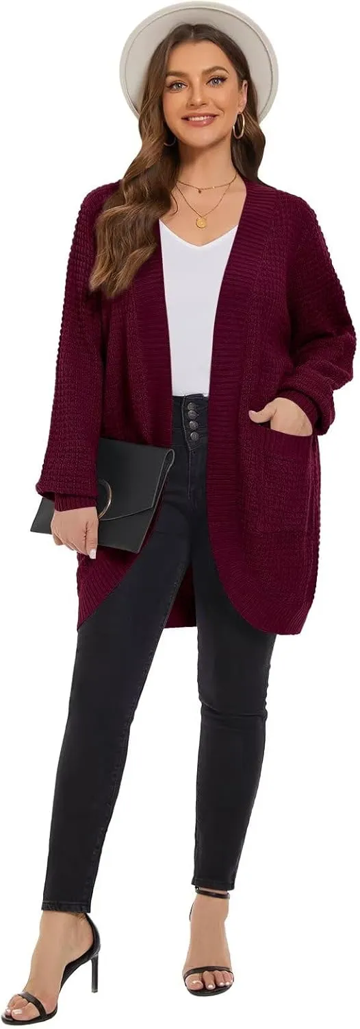 LARACE Long Cardigans for Women Plus Size Tops Open Front Sweaters with Pockets Waffle Ribbed Sleeve Loose Fall Outwear