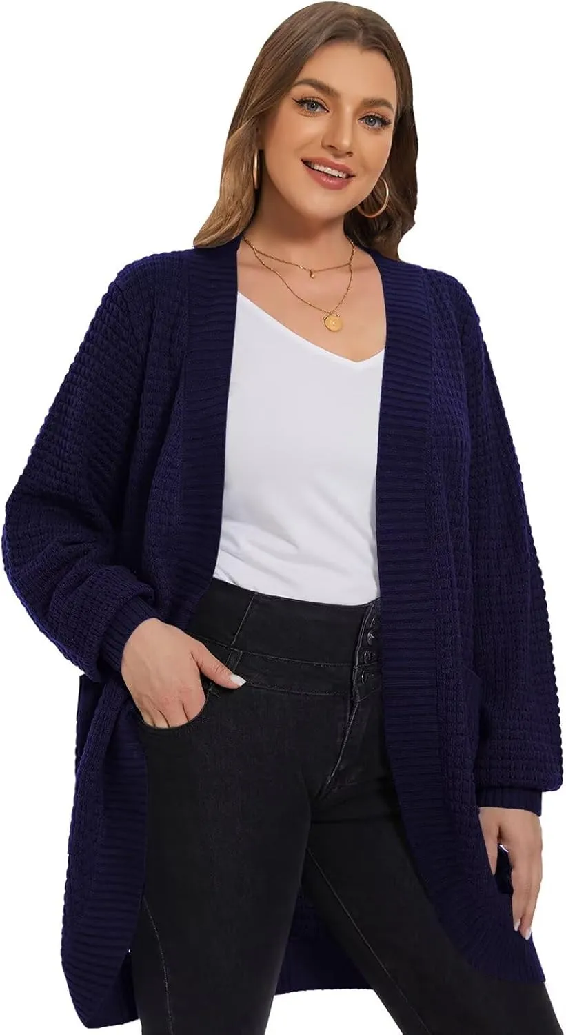 LARACE Long Cardigans for Women Plus Size Tops Open Front Sweaters with Pockets Waffle Ribbed Sleeve Loose Fall Outwear