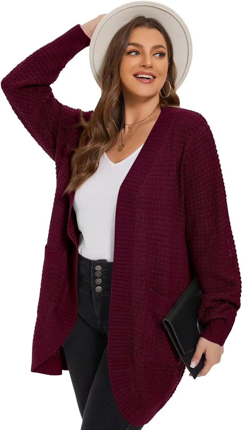 LARACE Long Cardigans for Women Plus Size Tops Open Front Sweaters with Pockets Waffle Ribbed Sleeve Loose Fall Outwear