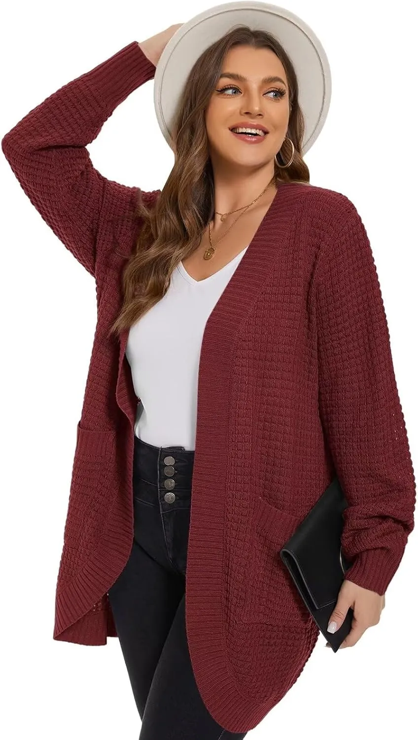 LARACE Long Cardigans for Women Plus Size Tops Open Front Sweaters with Pockets Waffle Ribbed Sleeve Loose Fall Outwear
