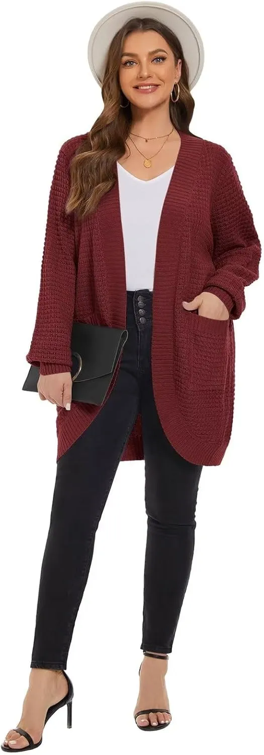 LARACE Long Cardigans for Women Plus Size Tops Open Front Sweaters with Pockets Waffle Ribbed Sleeve Loose Fall Outwear