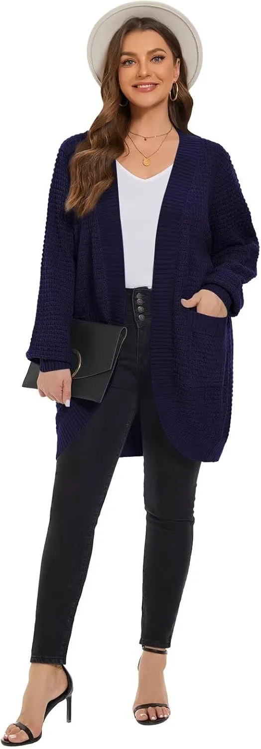 LARACE Long Cardigans for Women Plus Size Tops Open Front Sweaters with Pockets Waffle Ribbed Sleeve Loose Fall Outwear