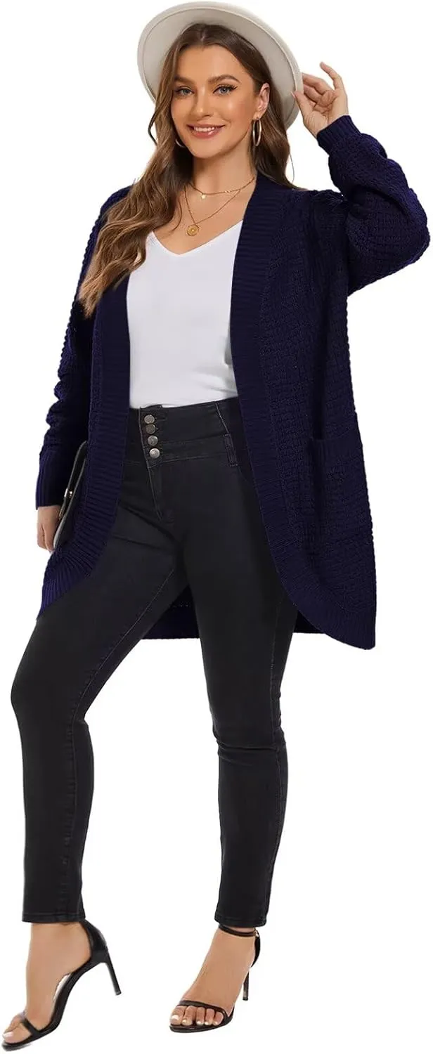 LARACE Long Cardigans for Women Plus Size Tops Open Front Sweaters with Pockets Waffle Ribbed Sleeve Loose Fall Outwear