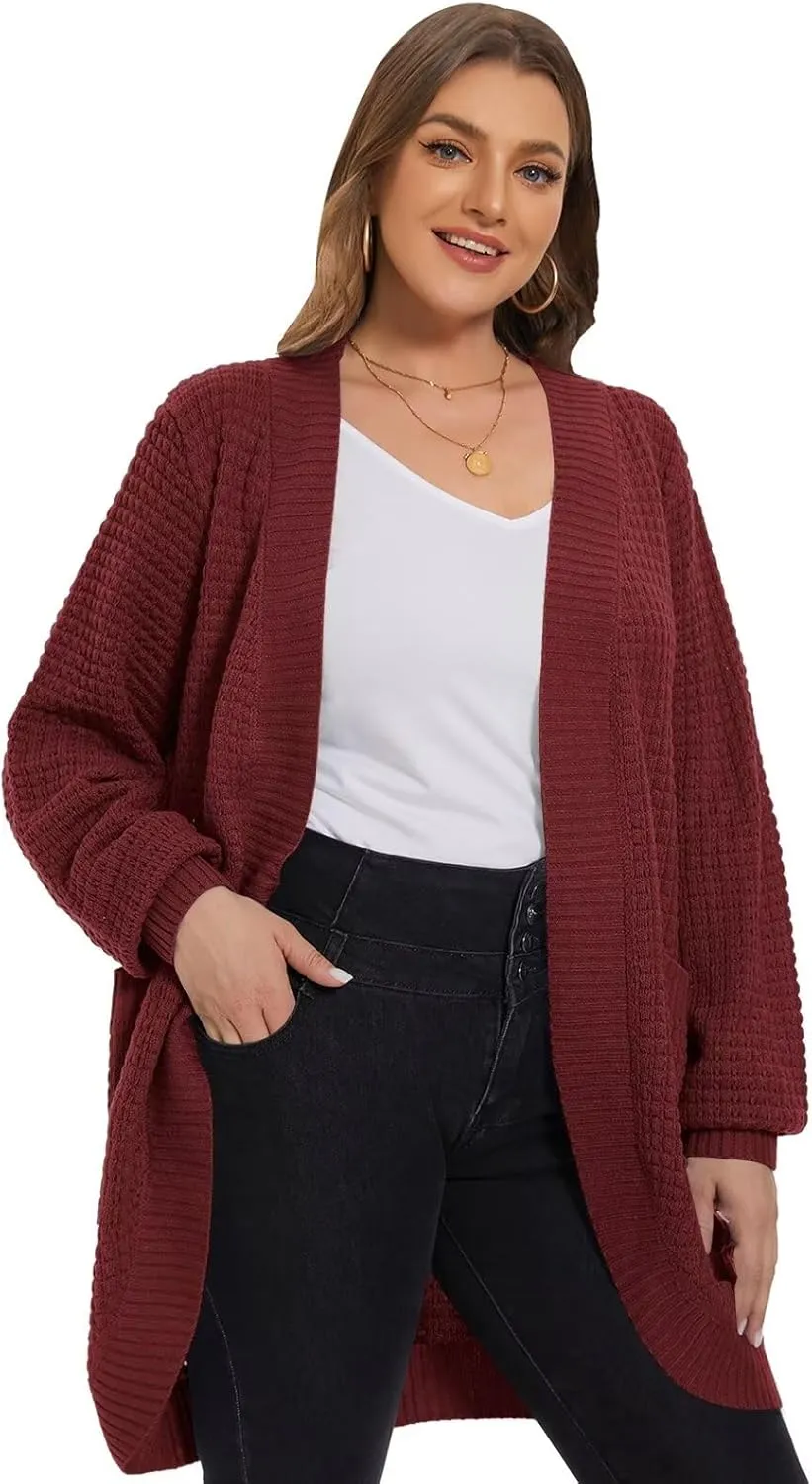 LARACE Long Cardigans for Women Plus Size Tops Open Front Sweaters with Pockets Waffle Ribbed Sleeve Loose Fall Outwear