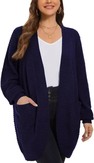 LARACE Long Cardigans for Women Plus Size Tops Open Front Sweaters with Pockets Waffle Ribbed Sleeve Loose Fall Outwear