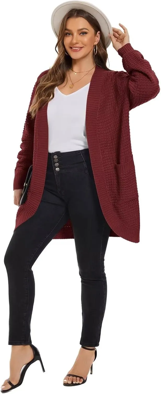 LARACE Long Cardigans for Women Plus Size Tops Open Front Sweaters with Pockets Waffle Ribbed Sleeve Loose Fall Outwear