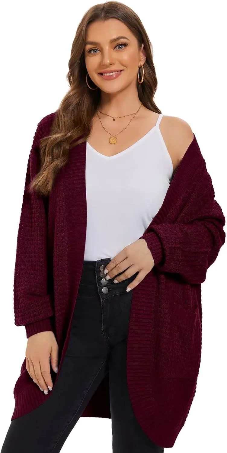 LARACE Long Cardigans for Women Plus Size Tops Open Front Sweaters with Pockets Waffle Ribbed Sleeve Loose Fall Outwear