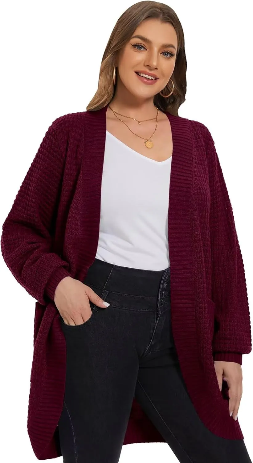 LARACE Long Cardigans for Women Plus Size Tops Open Front Sweaters with Pockets Waffle Ribbed Sleeve Loose Fall Outwear