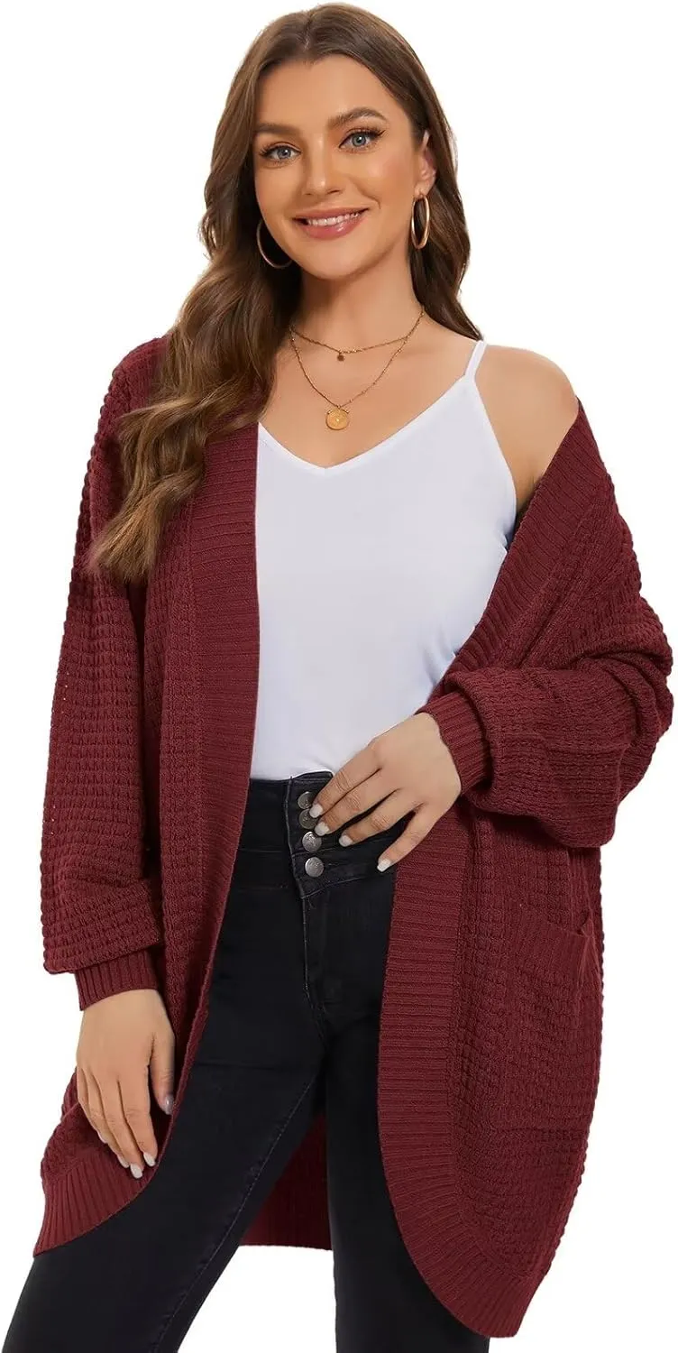 LARACE Long Cardigans for Women Plus Size Tops Open Front Sweaters with Pockets Waffle Ribbed Sleeve Loose Fall Outwear
