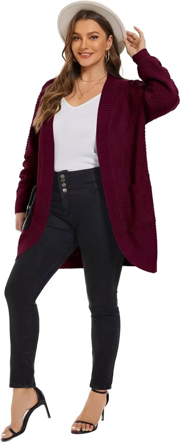 LARACE Long Cardigans for Women Plus Size Tops Open Front Sweaters with Pockets Waffle Ribbed Sleeve Loose Fall Outwear