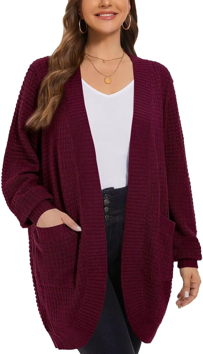 LARACE Long Cardigans for Women Plus Size Tops Open Front Sweaters with Pockets Waffle Ribbed Sleeve Loose Fall Outwear