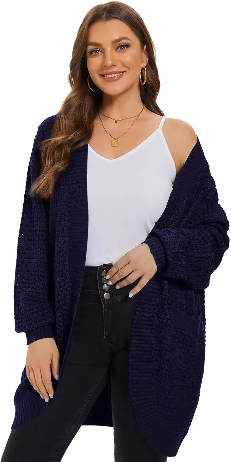LARACE Long Cardigans for Women Plus Size Tops Open Front Sweaters with Pockets Waffle Ribbed Sleeve Loose Fall Outwear