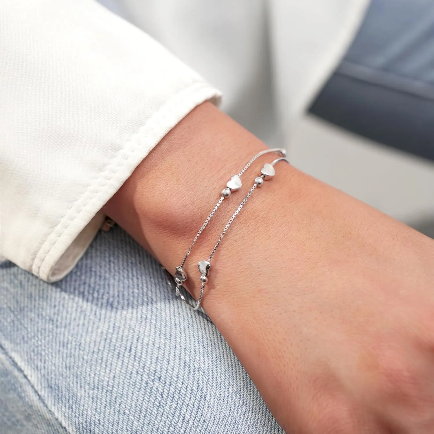 Layered Bracelets 925 Sterling Silver Heart Love Bracelets Star Bracelets for Women Double-Stranded Bracelets Adjustable Bracelets Mother's Day Jewelry Gifts