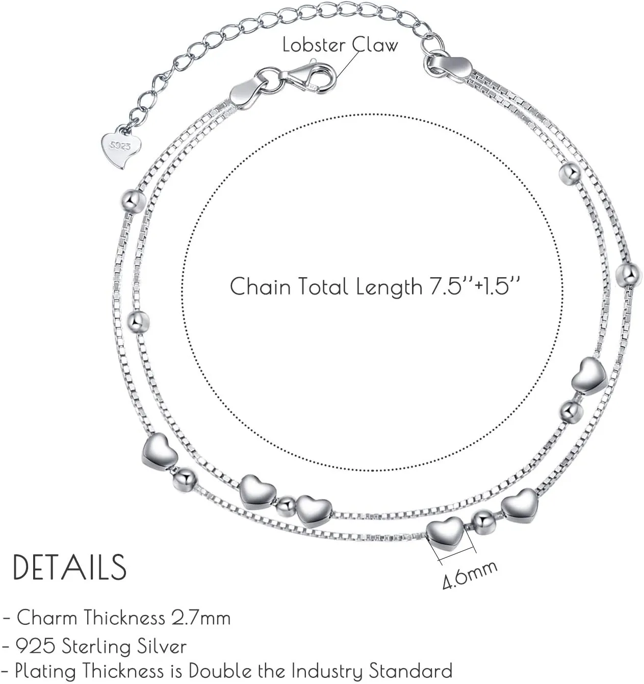 Layered Bracelets 925 Sterling Silver Heart Love Bracelets Star Bracelets for Women Double-Stranded Bracelets Adjustable Bracelets Mother's Day Jewelry Gifts