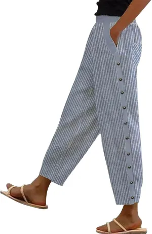 LCMTWX Linen Pants High Waist Pants Drawstring Capri Pants with Pockets Wide Leg Cropped Pants for Cotton Linen Pants Women
