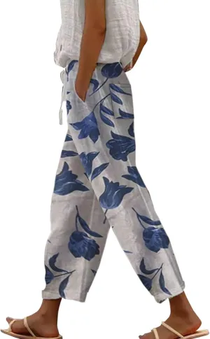 LCMTWX Summer Linen Pants for Women 2025 Drawstring Pants Capri Pants 2025 Pants with Pockets Wide Leg Cropped Pants Beach