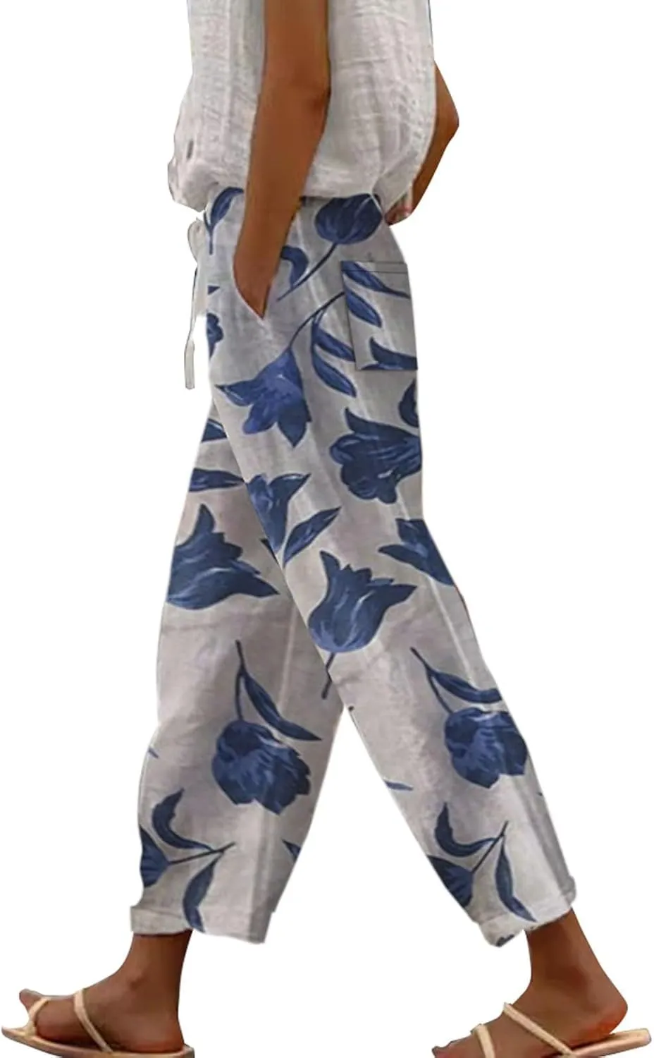LCMTWX Summer Linen Pants for Women 2025 Drawstring Pants Capri Pants 2025 Pants with Pockets Wide Leg Cropped Pants Beach