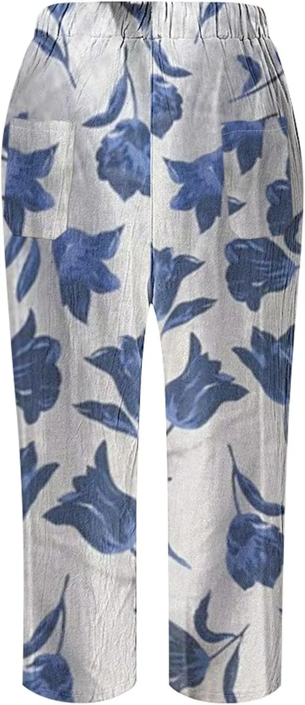 LCMTWX Summer Linen Pants for Women 2025 Drawstring Pants Capri Pants 2025 Pants with Pockets Wide Leg Cropped Pants Beach