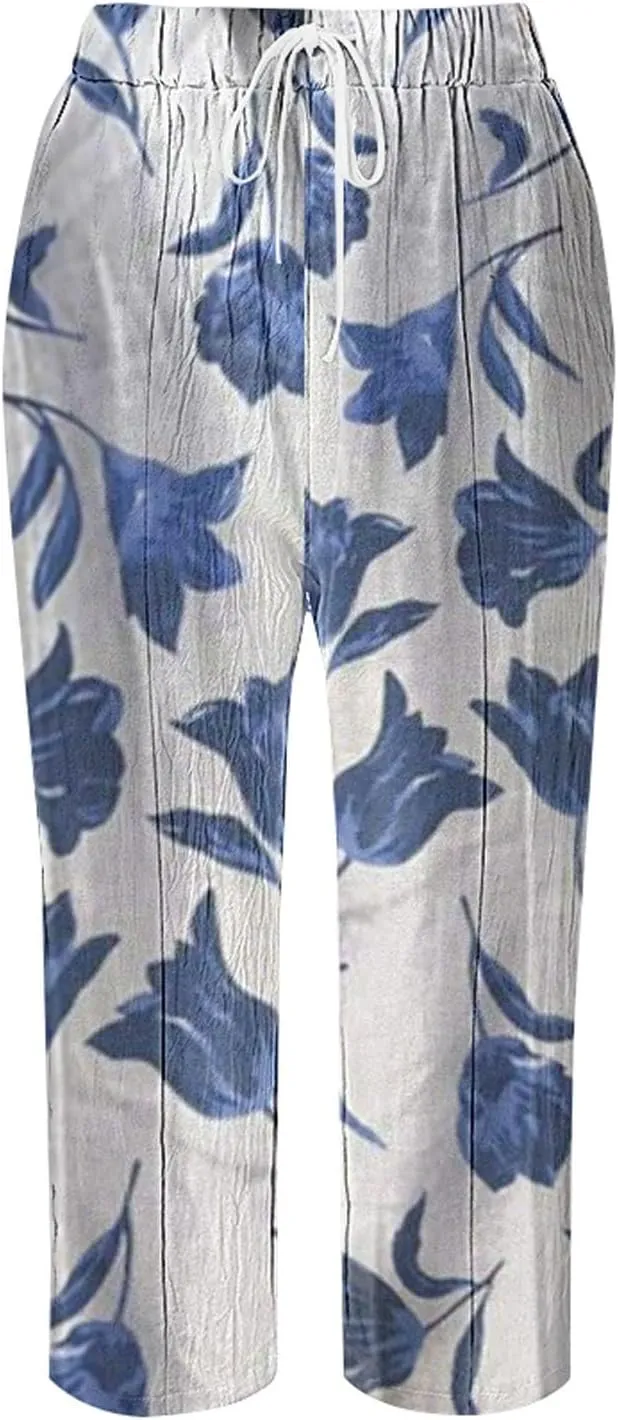 LCMTWX Summer Linen Pants for Women 2025 Drawstring Pants Capri Pants 2025 Pants with Pockets Wide Leg Cropped Pants Beach