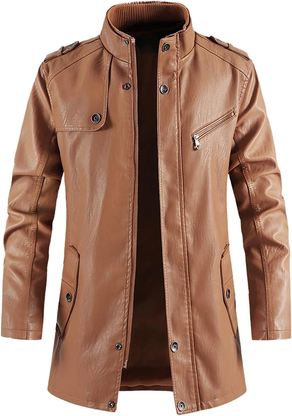 Leather Jackets Mens Stand Collar Steampunk Motorcycle Jackets Faux Pu Leather Mid-Length Windbreaker Trench Coat