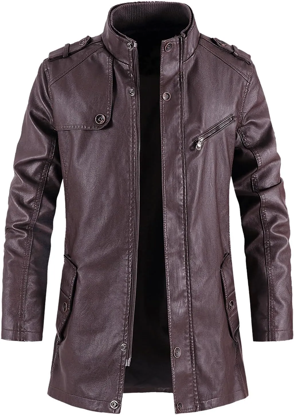 Leather Jackets Mens Stand Collar Steampunk Motorcycle Jackets Faux Pu Leather Mid-Length Windbreaker Trench Coat
