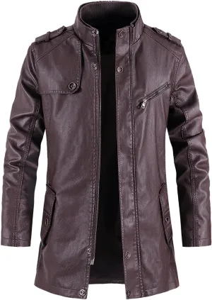Leather Jackets Mens Stand Collar Steampunk Motorcycle Jackets Faux Pu Leather Mid-Length Windbreaker Trench Coat