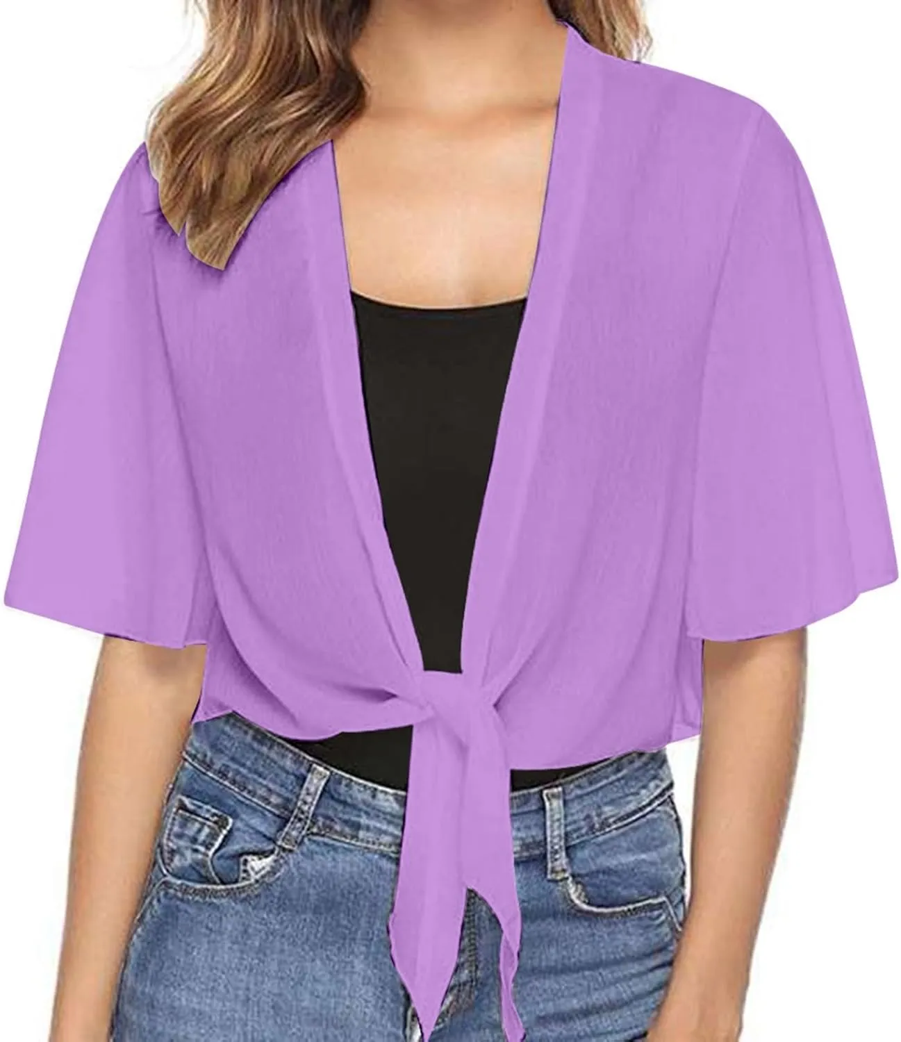 Lightweight Cardigans for Women Chiffon Sheer Shrug Short Sleeve tie Front Cardigan Summer Cropped Cardigan