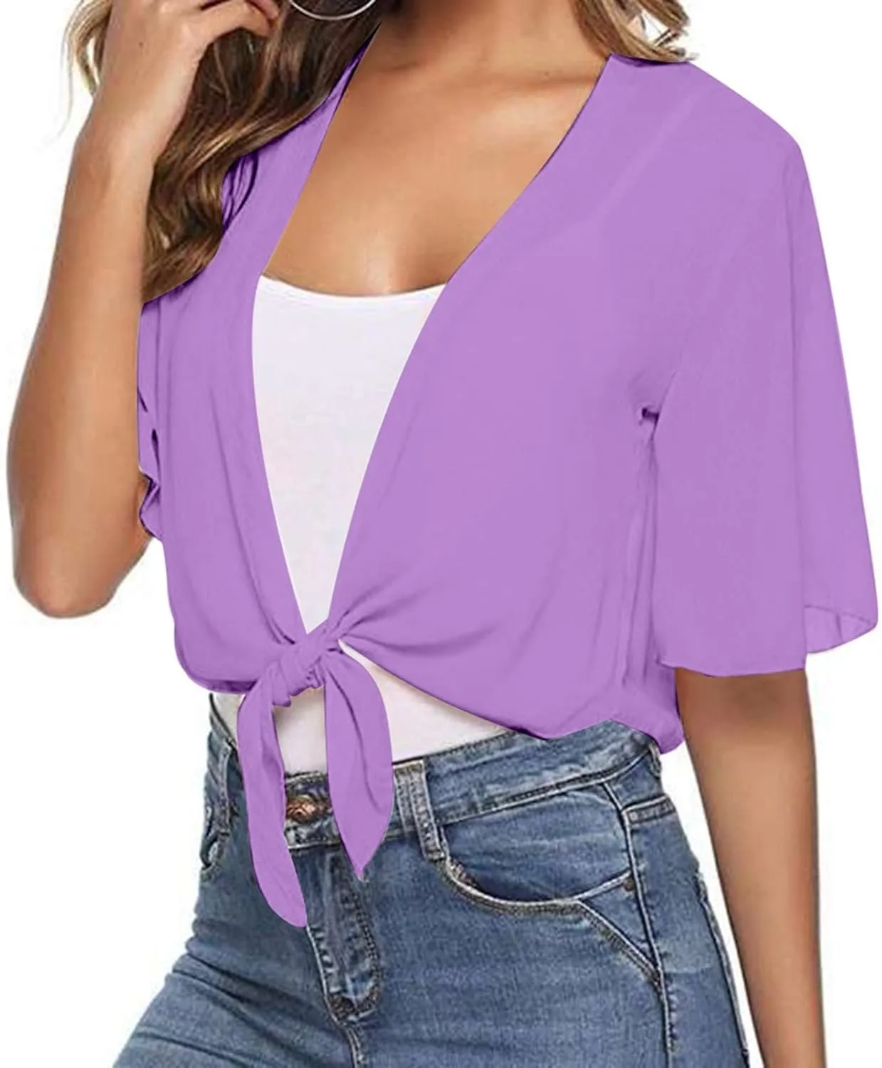 Lightweight Cardigans for Women Chiffon Sheer Shrug Short Sleeve tie Front Cardigan Summer Cropped Cardigan