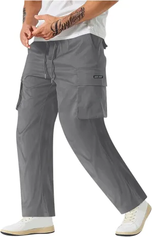 Lightweight Work Pants Mens Elastic Waist Cargo Pants Loose Multiple Pockets Pants Straight Leg Pants Fall Pants
