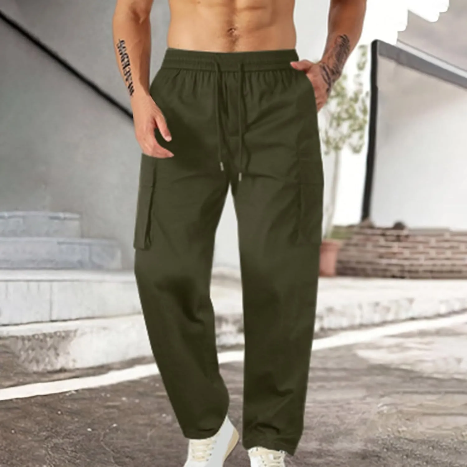 Lightweight Work Pants Mens Elastic Waist Cargo Pants Loose Multiple Pockets Pants Straight Leg Pants Fall Pants