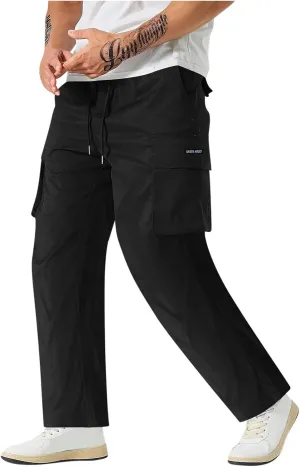 Lightweight Work Pants Mens Elastic Waist Cargo Pants Loose Multiple Pockets Pants Straight Leg Pants Fall Pants
