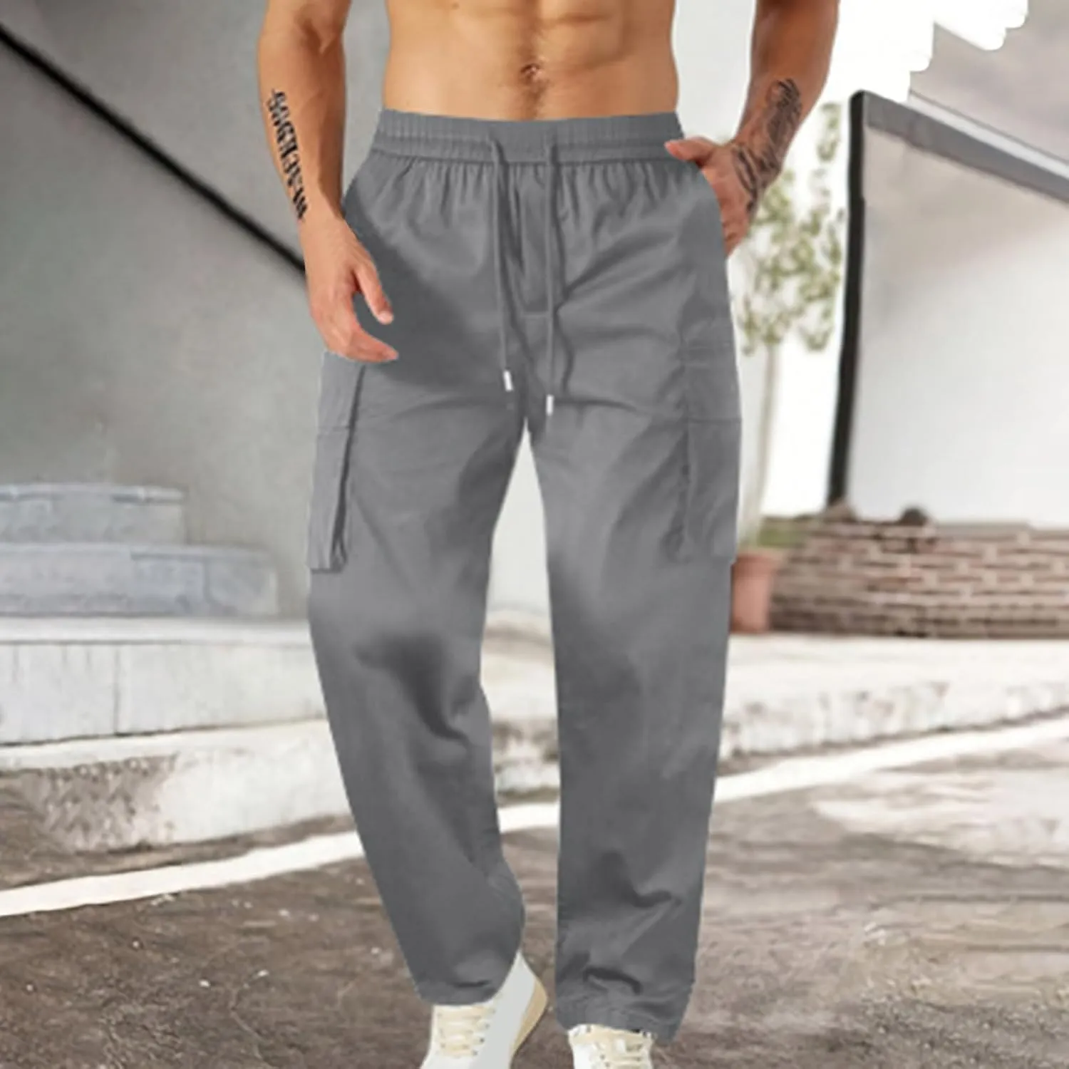 Lightweight Work Pants Mens Elastic Waist Cargo Pants Loose Multiple Pockets Pants Straight Leg Pants Fall Pants
