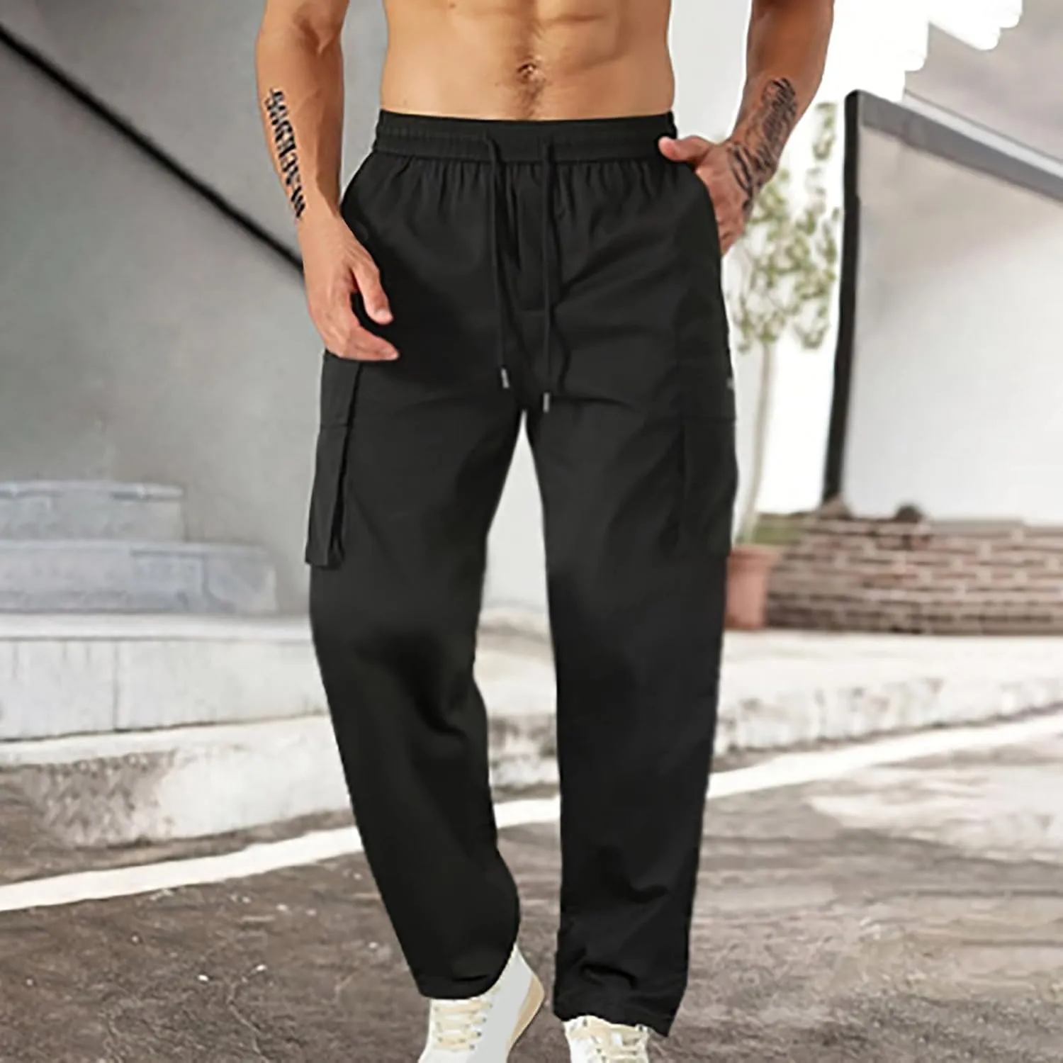 Lightweight Work Pants Mens Elastic Waist Cargo Pants Loose Multiple Pockets Pants Straight Leg Pants Fall Pants