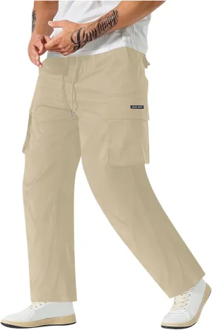 Lightweight Work Pants Mens Elastic Waist Cargo Pants Loose Multiple Pockets Pants Straight Leg Pants Fall Pants