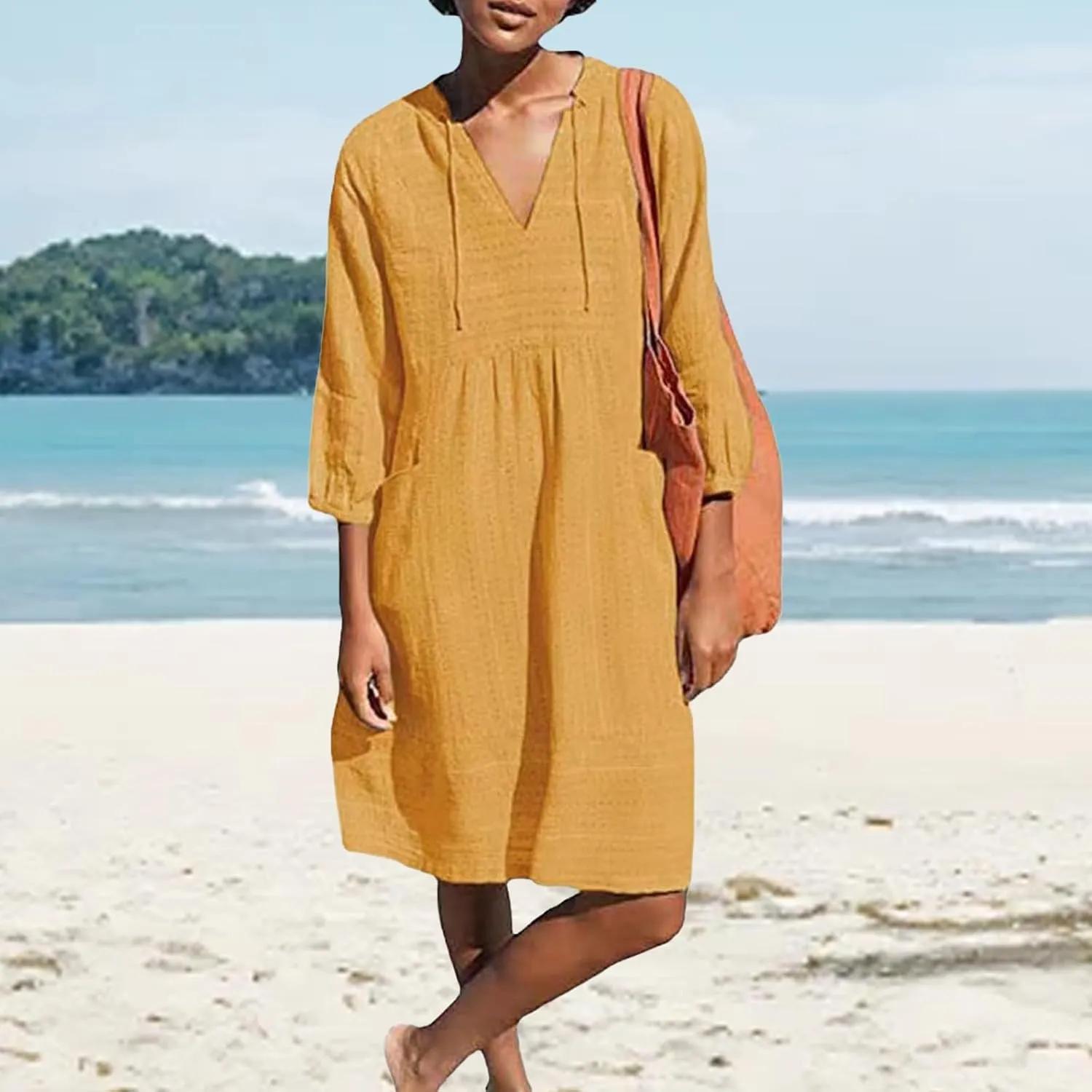 Linen Dress for Women 2025 Summer Casual 3/4 Sleeve Dress Shift Midi Dresses Beach Vacation Dresses with Pockets