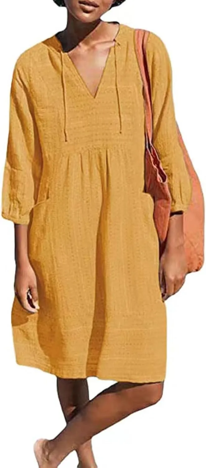 Linen Dress for Women 2025 Summer Casual 3/4 Sleeve Dress Shift Midi Dresses Beach Vacation Dresses with Pockets
