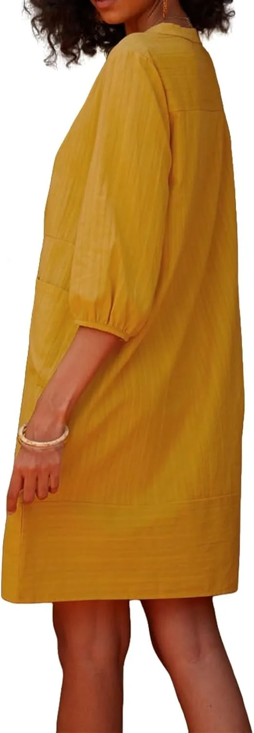 Linen Dress for Women 2025 Summer Casual 3/4 Sleeve Dress Shift Midi Dresses Beach Vacation Dresses with Pockets