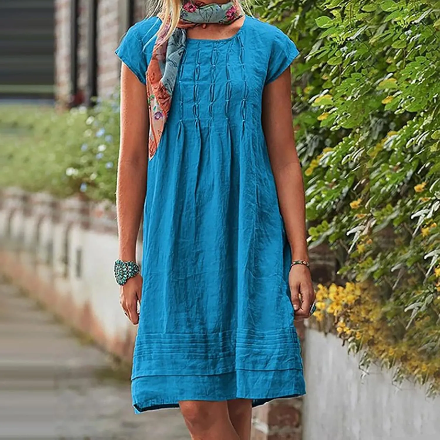Linen Dresses for Women 2024 Short Sleeve Mini Dress Pleated Boho Summer Causal Dresses Dressy Causal T Shirt Dresses