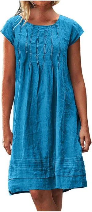 Linen Dresses for Women 2024 Short Sleeve Mini Dress Pleated Boho Summer Causal Dresses Dressy Causal T Shirt Dresses