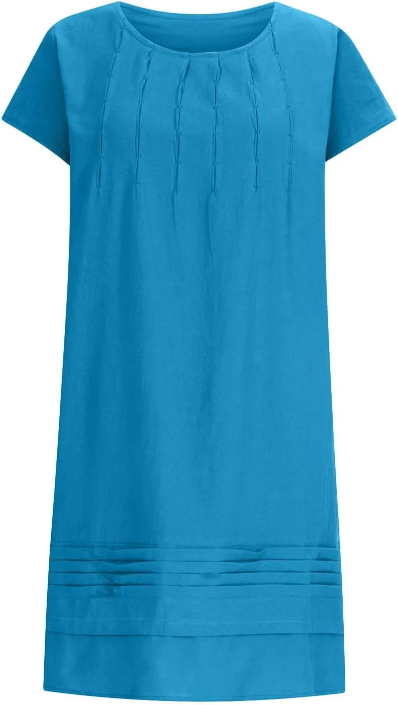 Linen Dresses for Women 2024 Short Sleeve Mini Dress Pleated Boho Summer Causal Dresses Dressy Causal T Shirt Dresses