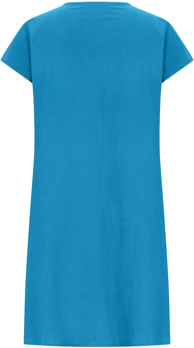 Linen Dresses for Women 2024 Short Sleeve Mini Dress Pleated Boho Summer Causal Dresses Dressy Causal T Shirt Dresses