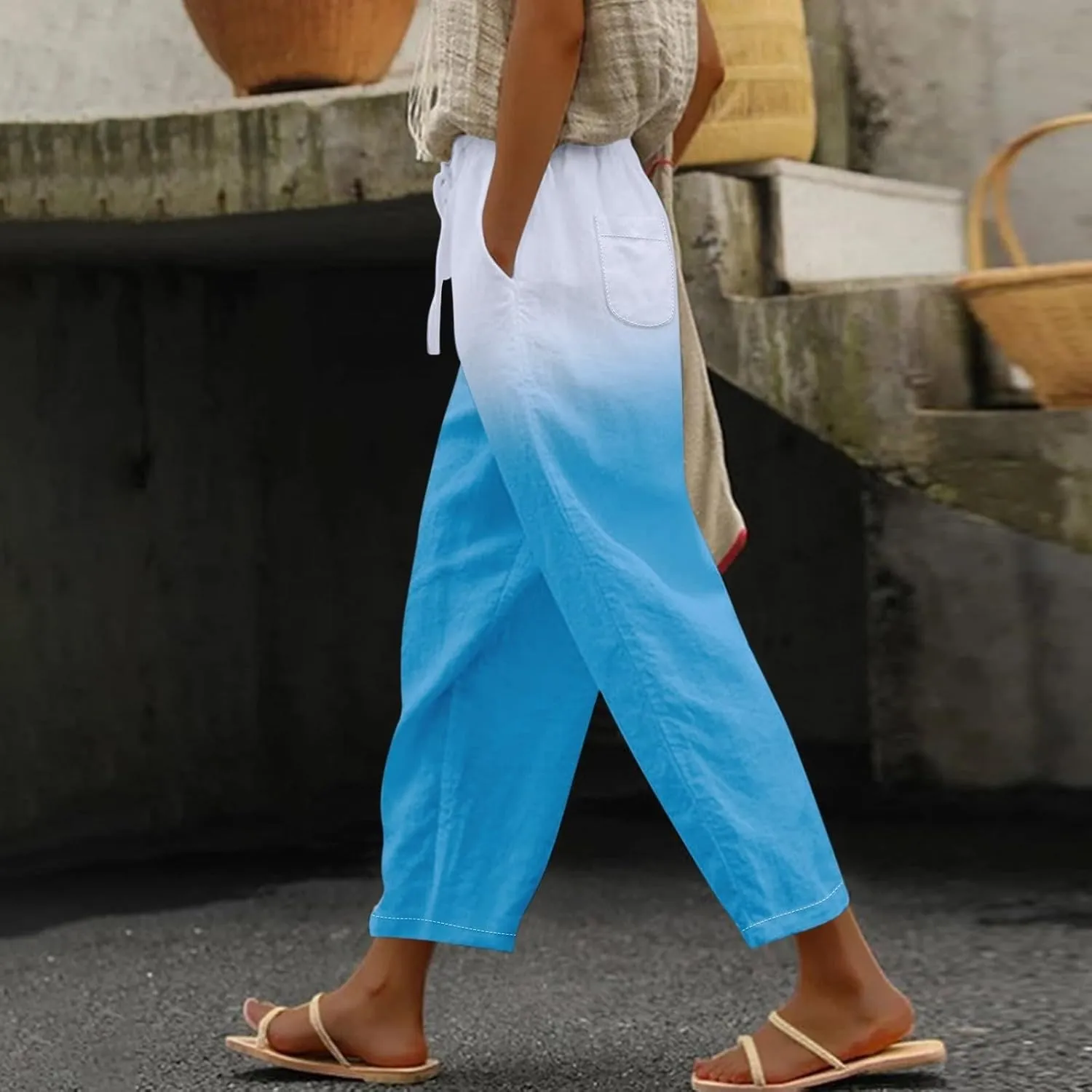 Linen Pants Women Petite 2025 Drawstring Pants Capri Pants 2025 Pants with Pockets Wide Leg Cropped Pants Linen