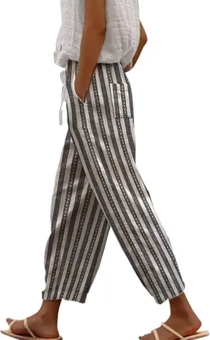 Linen Pants Women Petite 2025 Drawstring Pants Capri Pants 2025 Pants with Pockets Wide Leg Cropped Pants Linen