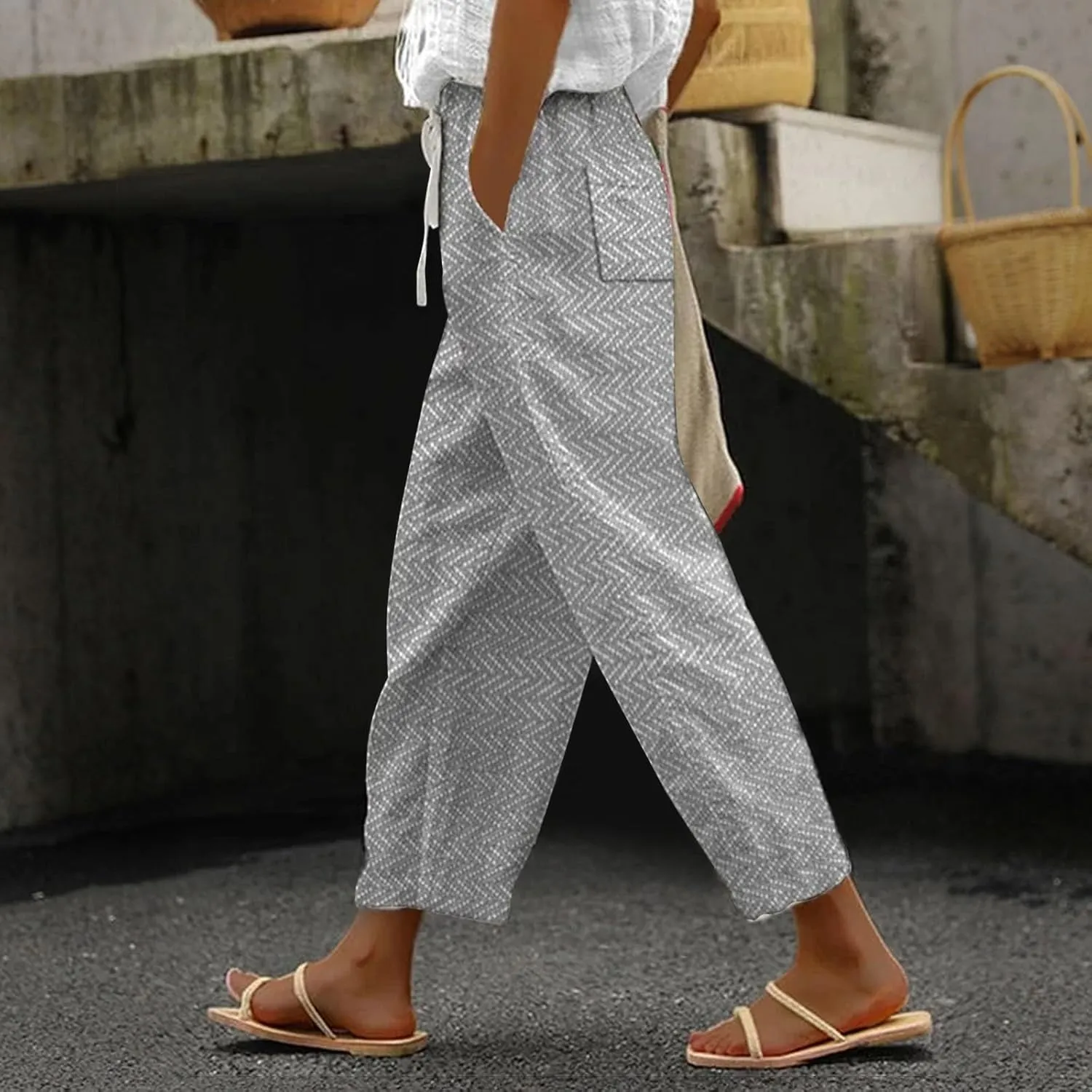 Linen Pants Women Petite 2025 Drawstring Pants Capri Pants 2025 Pants with Pockets Wide Leg Cropped Pants Linen
