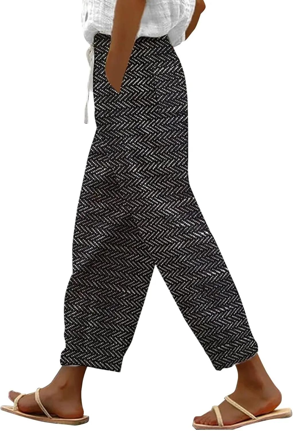 Linen Pants Women Petite 2025 Drawstring Pants Capri Pants 2025 Pants with Pockets Wide Leg Cropped Pants Linen