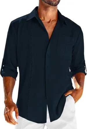 Linen Shirts for Men Casual Shirts Lightweight Long Sleeve Henley Beach Shirts Hawaiian T Shirts for Men